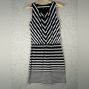 White House Black Market Striped Blouson Sleeveless V-Neck Midi Dress xs WHBM